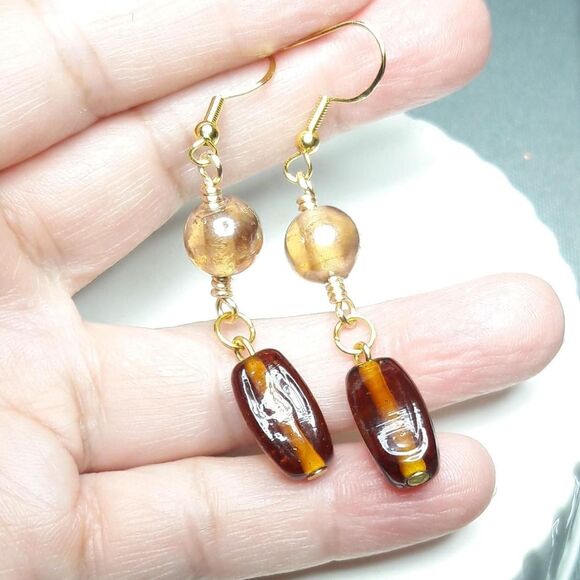 Artisan earrings 100# NEW bohemian Caramel Czech glass long drop earrings Gold - Picture 4 of 6